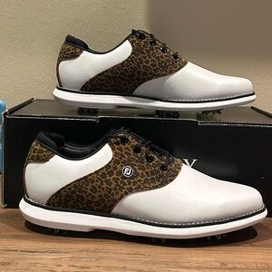 FootJoy Women’s Traditions Saddle Golf Shoes-White/Leopard-Size 8